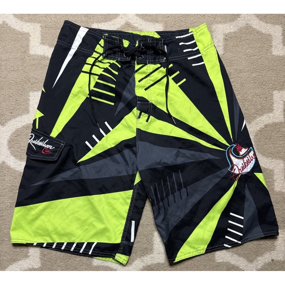 Vintage Y2K Quicksilver Neon Green Rising Sun Volcano Board Shorts Men's Size 30